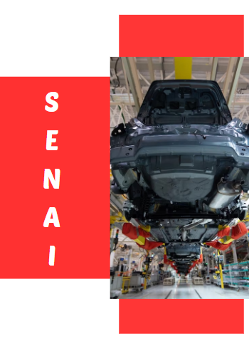 Diversos carros em uma linha de produção automotiva Inscrições SENAI 2024